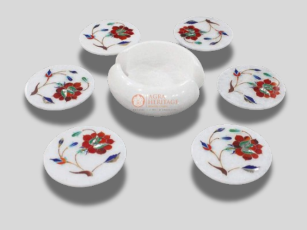 White Marble Coaster Set Carnelian Floral Inlay Home Decor Art